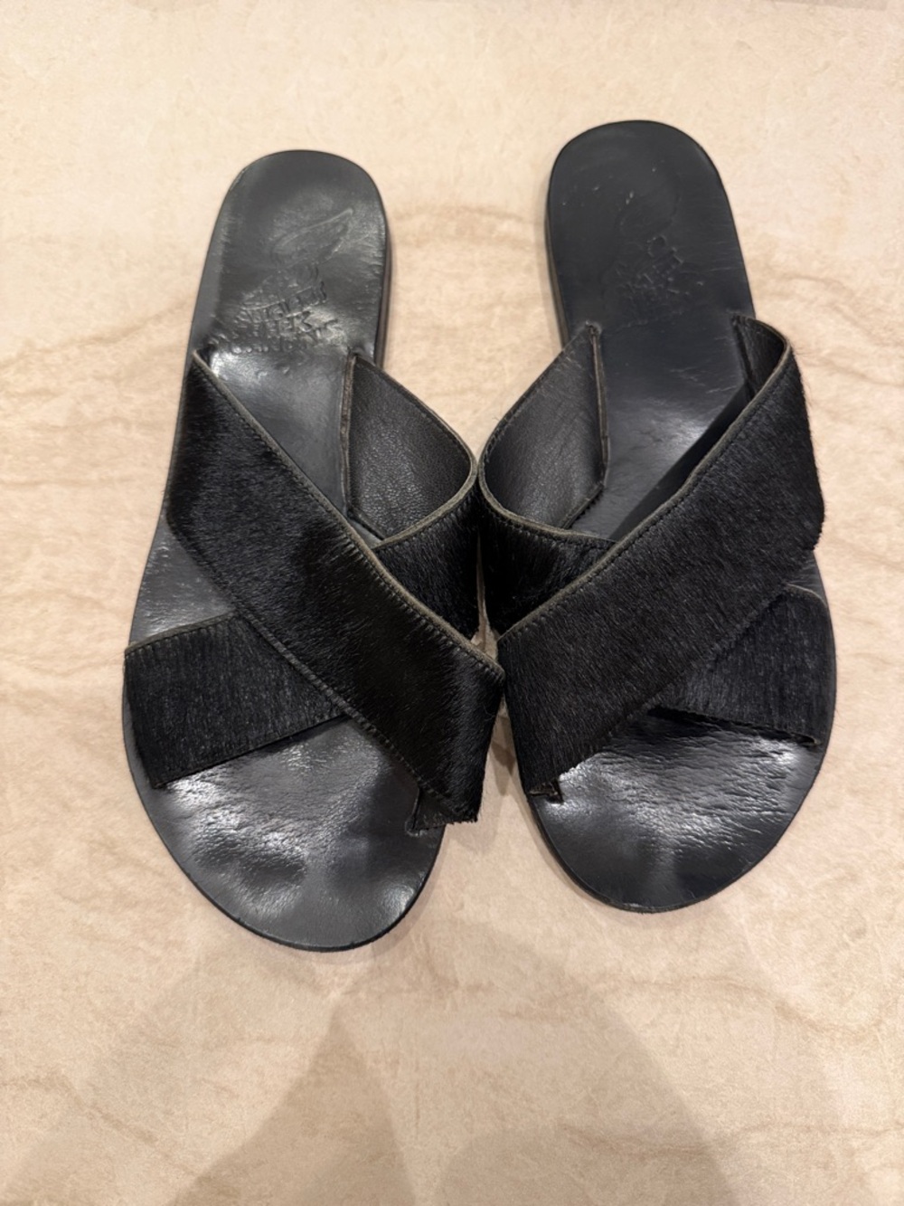Ancient Greek Sandals Mohair Black Cross-Strap Slide Sandals